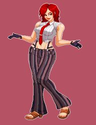 Rule 34 | 1girl, breasts, feet, female focus, gloves, large breasts, lipstick, makeup, mature female, midriff, nail polish, navel, necktie, pants, red eyes, red hair, red tie, sandals, shirt, short hair, snk, solo, striped clothes, striped pants, suspenders, the king of fighters, the king of fighters xv, tomboy, vanessa (kof), white shirt