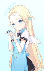 Rule 34 | 1girl, absurdres, apron, barcode, barcode scanner, black bow, black bowtie, black skirt, blonde hair, blue apron, blue archive, blue eyes, blue ribbon, blush, bow, bowtie, closed mouth, collared shirt, eyelashes, forehead, hair ornament, hair ribbon, halo, hands up, highres, holding, long hair, looking at viewer, mini wings, parted bangs, pen, peng kun, pleated skirt, pocket, raised eyebrows, ribbon, scrunchie, shirt, short sleeves, skirt, solo, sora (blue archive), standing, striped bow, striped bowtie, striped clothes, sweatdrop, tearing up, very long hair, white scrunchie, white shirt, white wings, wing collar, wings, wrist scrunchie