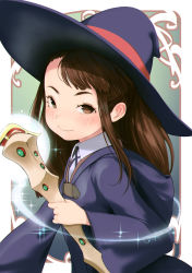 Rule 34 | 10s, 1girl, alternate eye color, asymmetrical bangs, bad id, bad tumblr id, blush, brown eyes, brown hair, closed mouth, hat, hideousbeing, holding, kagari atsuko, little witch academia, long hair, long sleeves, looking at viewer, shirt, smile, solo, sparkle, staff, wand, white shirt, wide sleeves, wing collar, witch hat