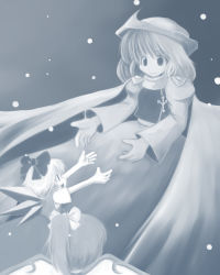 Rule 34 | 216, 3girls, bad id, bad pixiv id, blue theme, bow, cirno, daiyousei, hair bow, hat, letty whiterock, monochrome, multiple girls, side ponytail, snow, touhou