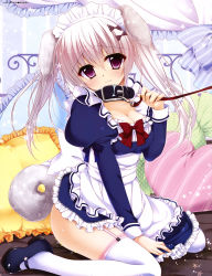 Rule 34 | 1girl, absurdres, animal ears, artist name, bdsm, between legs, black footwear, blue dress, blush, bow, breasts, cleavage, collar, dog ears, dog tail, dress, english text, fang, fang out, frilled pillow, frills, garter straps, hair bow, hand between legs, head tilt, heart, heart-shaped pillow, highres, juliet sleeves, leash, long sleeves, looking at viewer, maid, maid headdress, mary janes, nanaka mai, original, pillow, pink eyes, puffy sleeves, red bow, scan, shoes, silver hair, sitting, solo, star (symbol), striped, striped bow, tail, thighhighs, twintails, wariza, wavy mouth, white thighhighs