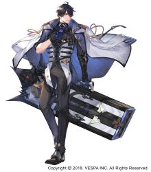 Rule 34 | 1boy, aiguillette, black footwear, black gloves, black hair, black pants, company name, crow (king&#039;s raid), dated, elbow gloves, frown, full body, gloves, hair over one eye, highres, holding, holding weapon, hwansang jungdog, jacket, jacket on shoulders, king&#039;s raid, male focus, official art, pants, purple eyes, simple background, solo, vest, weapon, white background, white jacket