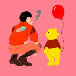 Rule 34 | akira (manga), balloon, crossover, disney, kaneda shoutarou (akira), pink background, pooh, smoking, tagme, winnie the pooh