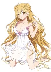 Rule 34 | 1girl, absurdres, bare shoulders, breasts, cleavage, collarbone, date a live, dress, dyantocialong, frilled dress, frills, high-waist dress, highres, hoshimiya mukuro, large breasts, long hair, looking at viewer, ribbon, sleeveless, white dress