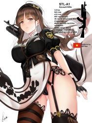 Rule 34 | 1girl, assault rifle, black gloves, black panties, black thighhighs, blush, breasts, brown eyes, brown hair, cleavage, commentary, cropped jacket, english text, fingerless gloves, floating hair, garter belt, girls&#039; frontline, gloves, gluteal fold, gradient hair, grenade launcher, gun, highres, jacket, large breasts, long hair, looking at viewer, mole, mole under eye, multicolored hair, original, panties, parted lips, pelvic curtain, pink hair, piukute062, pouch, puffy short sleeves, puffy sleeves, rifle, short sleeves, sidelocks, signature, simple background, stl-a1, thighhighs, thighs, underbarrel grenade launcher, underwear, very long hair, vietnamese flag, weapon, weapon on back, white background, wind, wind lift
