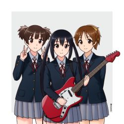 Rule 34 | 3girls, artist name, black hair, blazer, blue jacket, brown eyes, brown hair, buttoned cuffs, buttons, closed mouth, collared shirt, commentary request, double v, fender (company), grey skirt, guitar, hirasawa ui, holding, holding instrument, instrument, jacket, k-on!, long hair, long sleeves, looking at viewer, morynocle, multiple girls, nakano azusa, neck ribbon, pleated skirt, ponytail, red ribbon, ribbon, sakuragaoka high school uniform, school uniform, shirt, short hair, short twintails, skirt, smile, suzuki jun, twintails, twitter username, v, watermark, white shirt, yellow ribbon