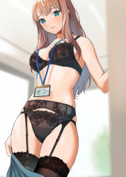 Rule 34 | 1girl, bare arms, bare shoulders, black bra, black panties, black thighhighs, blue eyes, blurry, blush, bra, breasts, brown hair, cleavage, clothes pull, commentary request, depth of field, doushimasho, from below, garter belt, highres, id card, indoors, long hair, looking at viewer, looking down, medium breasts, mole, mole on arm, mole on breast, mole on cheek, mole on stomach, original, panties, panties over garter belt, parted lips, pulled by self, skindentation, smile, solo, thighhighs, underwear, undressing