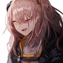 Rule 34 | 1girl, :d, armband, blush, brown hair, collared shirt, crossed bangs, girls&#039; frontline, hair between eyes, hair ornament, headgear, hood, hood down, hooded jakcet, jacket, long hair, looking at viewer, lowres, mod3 (girls&#039; frontline), one eye closed, one side up, open clothes, open jacket, open mouth, scar, scar across eye, scar on face, shirt, silence girl, simple background, smile, teeth, ump45 (girls&#039; frontline), ump45 (mod3) (girls&#039; frontline), upper body, upper teeth only, white background, white shirt, yellow eyes