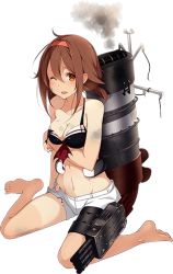 Rule 34 | 10s, 1girl, alternate costume, barefoot, bikini, bikini top only, blush, breasts, brown eyes, brown hair, cleavage, full body, hairband, kantai collection, kujou ichiso, long hair, looking at viewer, navel, official art, one eye closed, open mouth, red hairband, shiratsuyu (kancolle), shorts, sitting, smoke, solo, swimsuit, torn bikini, torn clothes, torn shorts, transparent background, wariza, wince