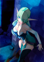 Rule 34 | 1girl, against wall, bare shoulders, black thighhighs, blue eyes, boots, breasts, detached sleeves, elf, green hair, imminent rape, jewelry, kirishima satoshi, long hair, necklace, original, pointy ears, shadow, solo, thighhighs