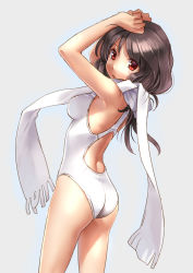 Rule 34 | 1girl, arms up, ass, blush, breasts, brown hair, competition swimsuit, cowboy shot, katahira masashi, large breasts, long hair, looking at viewer, one-piece swimsuit, original, red eyes, scarf, simple background, solo, swimsuit, white one-piece swimsuit, white scarf