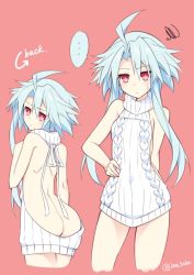 Rule 34 | 10s, 1girl, ahoge, ass, ass focus, back, backless dress, backless outfit, bare back, blanc (neptunia), blue hair, dress, gloves, imo soba, looking at viewer, meme attire, naked sweater, neptune (series), open mouth, power symbol, power symbol-shaped pupils, red eyes, ribbed sweater, short hair with long locks, sidelocks, solo, sweater, sweater dress, symbol-shaped pupils, turtleneck, turtleneck sweater, virgin killer sweater, white heart (neptunia)