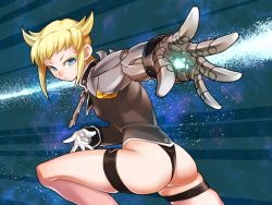 Rule 34 | 1girl, ass, blonde hair, blue eyes, breasts, chaos code, esaka, from behind, gloves, looking at viewer, looking back, lupinus (chaos code), single mechanical arm, serious, short hair, solo, thigh strap, thong, white gloves