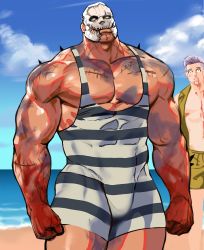 Rule 34 | 2boys, abs, bara, bare pectorals, beach, biceps, black one-piece swimsuit, blood, blood on face, clenched hands, cloud, cloudy sky, cowboy shot, day, dead by daylight, dopey (dopq), highres, large pectorals, looking at viewer, male focus, male swimwear, mask, multicolored male swimwear, multicolored one-piece swimsuit, multiple boys, muscular, muscular male, ocean, one-piece swimsuit, pectorals, sand, scar, scar on arm, scar on chest, scar on face, skull, skull mask, sky, smirk, spikes, striped clothes, striped male swimwear, striped one-piece swimsuit, swim trunks, swimsuit, the trapper (dead by daylight), the trickster (dead by daylight), thick arms, tight clothes, veins, veiny arms, white one-piece swimsuit, yellow eyes, yellow male swimwear, yellow swim trunks