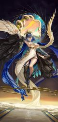 Rule 34 | 1girl, absurdres, alternate costume, animal, arm up, armpits, black thighhighs, blue eyes, blue hair, boots, boros (ouro kronii), breasts, character name, covered navel, dress, earrings, feathered wings, hair ornament, highres, hololive, hololive english, jewelry, large breasts, ouro kronii, ouroboros, outstretched arm, outstretched hand, ribbon, roman numeral, santafe99, short hair, sideboob, single thighhigh, skindentation, snake, solo, thighhighs, twitter username, veil, virtual youtuber, wings