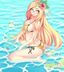 Rule 34 | 1girl, arched back, arm support, ass, barefoot, bikini, bird, blonde hair, blush, breasts, cleavage, duck, fish, flower, glasses, hair flower, hair ornament, hairband, highres, large breasts, long hair, looking at viewer, lucknight, original, parted lips, partially submerged, rimless eyewear, shiny skin, side-tie bikini bottom, sideboob, sitting, smile, snail, solo, starfish, strap gap, swimsuit, very long hair, wariza, water, yellow bikini, yellow eyes