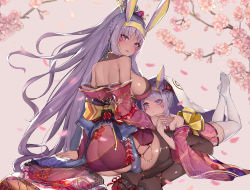 Rule 34 | 2girls, absurdres, aged down, animal ears, ass, back, bare shoulders, black legwear, blush, braid, breasts, cherry blossoms, commentary request, dark-skinned female, dark skin, dual persona, earrings, egyptian, facepaint, facial mark, fate/grand order, fate (series), floral print, french braid, hair tubes, headband, high ponytail, highres, hoop earrings, jackal ears, japanese clothes, jewelry, kimono, large breasts, long hair, long sleeves, looking at viewer, looking back, multiple girls, nitocris (fate), obi, off shoulder, open mouth, purple eyes, purple hair, purple kimono, revision, sash, sherryqq, sidelocks, thighhighs, thighs, white legwear, wide sleeves