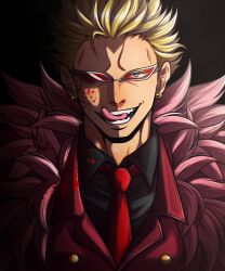 Rule 34 | 1boy, black background, black shirt, blonde hair, blood, blood on clothes, blood on face, blood splatter, blue eyes, coat, collared shirt, donquixote doflamingo, earrings, feather coat, formal, highres, jewelry, licking lips, looking at viewer, male focus, mesukohi, necktie, one piece, open mouth, pink coat, portrait, red necktie, red suit, shirt, short hair, smile, solo, suit, teeth, tongue, tongue out