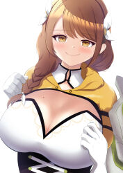 Rule 34 | 1girl, blush, breasts, brown hair, cleavage, cleavage cutout, clothing cutout, fire emblem, fire emblem engage, flower, flower on head, gloves, goldmary (fire emblem), hair ribbon, highres, large breasts, leaf happa77, mole, mole on breast, nintendo, ribbon, swept bangs, white gloves, yellow eyes