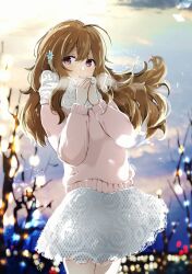 Rule 34 | 1girl, bare tree, blurry, blurry background, breath, brown eyes, brown hair, cloud, cloudy sky, cowboy shot, hair ornament, hands up, juuya tsugumi, lace, lace-trimmed skirt, lace trim, long hair, long sleeves, looking at viewer, open mouth, original, outdoors, pink sweater, scarf, skirt, sky, solo, sunrise, sweater, tree, white scarf, white skirt, winter