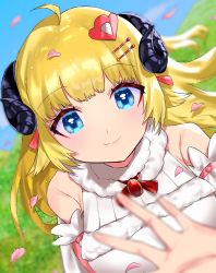 Rule 34 | ahoge, blonde hair, blue eyes, field, fluffy, hair ornament, hairpin, highres, hololive, horns, jewelry, looking at viewer, minho. (minh0 0o), necklace, open hand, petals, sheep girl, sheep horns, smile, solo, tsunomaki watame, tsunomaki watame (1st costume), virtual youtuber