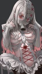 Rule 34 | 1girl, absurdres, ballerina, breasts, commentary, dated commentary, english commentary, frilled sleeves, frills, gas mask, gold can, grey background, hair between eyes, highres, lock, long hair, long sleeves, mask, medium breasts, navel, necktie, original, padlock, red eyes, simple background, solo, tutu, white necktie
