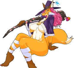 Rule 34 | 1girl, breasts, furry, hat, kazuhiro, staff, tail, underboob, witch, witch hat
