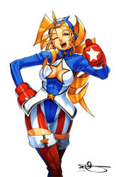Rule 34 | 1girl, blonde hair, blue eyes, boxing gloves, breasts, capcom, cleavage, cleavage cutout, clothing cutout, drill hair, highres, justice gakuen, leotard, moero! justice gakuen, omar dogan, one eye closed, open mouth, signature, smile, solo, star (symbol), thighhighs, thumbs up, tiffany lords, united states, wink