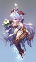 Rule 34 | 1girl, ahoge, bare shoulders, bell, black gloves, blue hair, bow, brown pantyhose, chinese knot, detached sleeves, eating flower, flower, flower knot, full body, ganyu (genshin impact), genshin impact, gloves, gold trim, high heels, highres, holding, holding flower, horns, long hair, looking at another, low ponytail, neck bell, pantyhose, petals in mouth, purple eyes, qingxin flower, sidelocks, smile, solo, thighlet, vision (genshin impact), white flower, white sleeves, yoco n