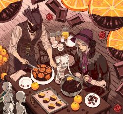 Rule 34 | arizuka (catacombe), ascot, belt, bloodborne, blue eyes, bonnet, bow, bowtie, brown pants, bucket, buttons, cake, candy, chair, chocolate, chocolate bar, cloak, cup, doll joints, food, frills, from software, fruit, hat, highres, hunter (bloodborne), jewelry, joints, knife, long sleeves, mask, messengers (bloodborne), necklace, orange (fruit), orange slice, pants, pendant, plain doll, plate, saucer, silver hair, sleeves rolled up, table, teacup, teapot, wooden bucket, wooden floor, wooden spoon, wooden table