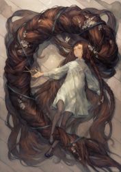 Rule 34 | 1girl, absurdly long hair, artist name, black legwear, braid, brown hair, bug, butterfly, closed mouth, commentary request, dress, flower, hair flower, hair ornament, holding, insect, long hair, lying, multiple braids, original, ribbon, scissors, shoes, solo, very long hair, white dress, yoshioka (haco)
