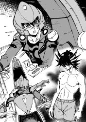 Rule 34 | 1boy, absurdres, black shirt, boxers, card, commentary request, d-wheel, driving, duel disk, elbow gloves, facial mark, facial tattoo, fudo yusei, glaring, gloves, greyscale, helmet, high collar, highres, jacket, male focus, male underwear, marking on cheek, monochrome, motor vehicle, motorcycle, motorcycle helmet, multiple views, muscular, muscular male, on motorcycle, open clothes, open jacket, open mouth, racing, shirt, shoulder pads, sitting, speed lines, standing, tattoo, topless male, trading card, underwear, youko-shima, yu-gi-oh!, yu-gi-oh! 5d&#039;s