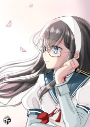 Rule 34 | 1girl, black-framed eyewear, blue eyes, blue sailor collar, blush, brown background, brown hair, chize, closed mouth, floating hair, glasses, gradient background, hairband, kantai collection, layered sleeves, light smile, long hair, long sleeves, looking away, looking to the side, ooyodo (kancolle), petals, puffy short sleeves, puffy sleeves, sailor collar, shirt, short over long sleeves, short sleeves, solo, very long hair, white background, white hairband, white shirt
