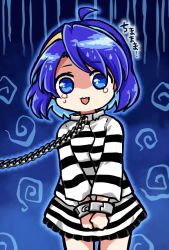 Rule 34 | 1girl, blue eyes, blue hair, chain, commentary, cosplay, cowboy shot, cuffs, hairband, highres, long sleeves, miyadeguchi mizuchi, miyadeguchi mizuchi (cosplay), multicolored hairband, open mouth, pote (ptkan), prison clothes, rainbow gradient, shackles, shaded face, shirt, short hair, skirt, solo, striped clothes, striped shirt, striped skirt, symbol-only commentary, tears, tenkyuu chimata, touhou