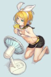 Rule 34 | 1girl, absurdres, aqua eyes, barefoot, black sailor collar, black shorts, blonde hair, blue background, bra, breasts, clothes lift, electric fan, fanning self, hair ornament, hairband, hairclip, highres, kagamine rin, kneeling, lifting own clothes, neckerchief, parted lips, sailor collar, shirt, shirt lift, sho bu 1116, short hair, shorts, simple background, sleeveless, sleeveless shirt, small breasts, solo, sweat, underwear, vocaloid, white bra, white hairband, yellow neckerchief
