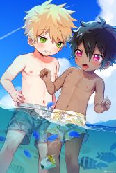 Rule 34 | 2boys, :o, arms up, artist name, black hair, blonde hair, blue sky, blush, bulge, caustics, child, clenched hands, clenched teeth, cloud, collarbone, dark-skinned male, dark skin, day, dot nose, fangs, feet out of frame, fish, floral print, food print, from below, green eyes, grin, hair between eyes, hand on own hip, highres, kamikinoki, leaf print, male focus, male swimwear, multicolored clothes, multicolored swimsuit, multiple boys, navel, nipples, ocean, open mouth, original, outdoors, partially submerged, print male swimwear, print swimsuit, purple eyes, short hair, sky, smile, standing, stomach, swim trunks, swimsuit, teeth, topless male, wading, water, wet