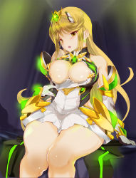 Rule 34 | 1girl, areola slip, bare shoulders, blonde hair, blush, breasts, cleavage, cleavage cutout, clothes pull, clothing cutout, curvy, dress pull, glowing, highres, large breasts, long hair, mythra (xenoblade), nintendo, open mouth, sitting, solo, thick thighs, thighs, wide hips, xenoblade chronicles (series), xenoblade chronicles 2, yellow eyes