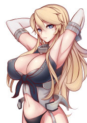 Rule 34 | 10s, 1girl, armpits, arms behind head, arms up, bad id, bad pixiv id, black panties, blonde hair, blue eyes, breasts, cleavage, elbow gloves, covered erect nipples, garter straps, gloves, highres, iowa (kancolle), kantai collection, large breasts, light smile, lips, liu lan, long hair, looking at viewer, navel, panties, smile, solo, star-shaped pupils, star (symbol), symbol-shaped pupils, underwear
