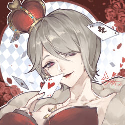 Rule 34 | 1girl, breasts, brown hair, card, cleavage, coat, crown, dress, flower, hair over one eye, holding, honkai (series), honkai impact 3rd, jewelry, lipstick, looking at viewer, makeup, mole, mole under eye, nail polish, necklace, open mouth, petals, playing card, purple eyes, red dress, red flower, red nails, red rose, rita rossweisse, rita rossweisse (umbral rose), rose, short hair, sleeveless, sleeveless dress, solo, spade-m, strapless, strapless dress