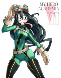 Rule 34 | 10s, 1girl, asui tsuyu, black hair, blush, bodysuit, boku no hero academia, breasts, frog girl, gloves, goggles, green bodysuit, green eyes, highres, long hair, medium breasts, solo, thigh boots, tongue, tongue out, white gloves