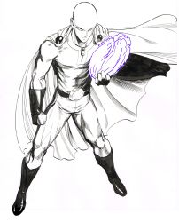 Rule 34 | 1boy, absurdres, bald, belt, bodysuit, boots, cabbage, cape, clenched hand, closed mouth, floating cape, full body, greyscale, highres, holding, lettuce, looking at viewer, monochrome, murata yuusuke, official art, one-punch man, saitama (one-punch man), scan, simple background, standing, traditional media, white background