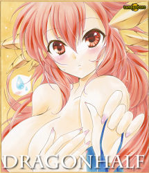 Rule 34 | 1girl, bikini, blue bikini, blue sleeves, blush, breasts, cleavage, closed mouth, commentary request, copyright name, covering privates, covering breasts, detached sleeves, dragon half, dragon horns, expressionless, hair between eyes, holding, holding clothes, holding swimsuit, horns, large breasts, long hair, looking at viewer, marker (medium), mink (dragon half), out-of-frame censoring, red eyes, red hair, solo, swimsuit, tamagoboro, topless, traditional media, upper body, yellow background, yellow horns