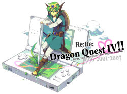 Rule 34 | 1girl, chunsoft, dragon quest, dragon quest iv, ebira, enix, green hair, handheld game console, hero (dq4), md5 mismatch, mini person, miniboy, nintendo, nintendo ds, oversized object, resolution mismatch, simple background, solo, source larger, stylus, white background
