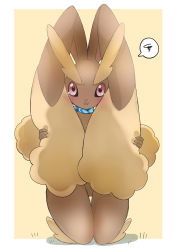 Rule 34 | 0kami 89zo, 1girl, absurdres, animal nose, black sclera, blush, body fur, border, brown fur, choice scarf, closed mouth, colored sclera, creatures (company), embarrassed, female focus, fluffy, full body, furry, furry female, game freak, gen 4 pokemon, grass, hands up, highres, kneeling, looking at viewer, lopunny, nintendo, outside border, pokemon, pokemon (creature), pout, rabbit ears, rabbit girl, red eyes, simple background, solo, speech bubble, spoken squiggle, squiggle, straight-on, tears, two-tone fur, white border, yellow background, yellow fur