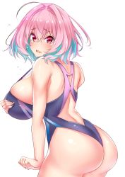 Rule 34 | 1girl, ahoge, ass, bare shoulders, blue hair, breasts, commentary request, competition swimsuit, flying sweatdrops, highres, huge breasts, idolmaster, idolmaster cinderella girls, looking at viewer, multicolored hair, one-piece swimsuit, pink eyes, pink hair, sankakusui, short hair, sideboob, simple background, solo, swimsuit, tears, thighs, white background, yumemi riamu