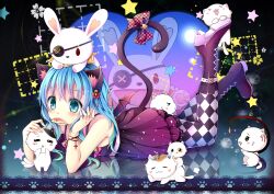 Rule 34 | 1girl, absurdres, animal ears, bat wings, blue eyes, blue hair, boots, cat, cat ears, cat tail, checkered clothes, checkered legwear, dark background, date a live, dress, eyepatch, fish, flower, full body, gyaza, hair flower, hair ornament, hand puppet, head rest, heart, highres, knee boots, legs up, long hair, lying, mouth hold, on stomach, pantyhose, puppet, purple dress, purple footwear, rabbit puppet, red flower, reflection, short dress, solo, star (symbol), tail, the pose, wings, wrist straps, yoshino (date a live), yoshinon