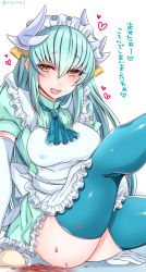 Rule 34 | 1girl, alternate costume, apron, aqua hair, aqua thighhighs, bad id, bad pixiv id, blush, breasts, covered erect nipples, cup, elbow gloves, enmaided, fate/grand order, fate (series), frills, gloves, heart, highres, horns, kiyohime (fate), large breasts, leg up, long hair, looking at viewer, maid, maid apron, maid headdress, open mouth, puffy short sleeves, puffy sleeves, shisei (kyuushoku banchou), short sleeves, sitting, smile, solo, spill, tea, teacup, thighhighs, translation request, white gloves, yellow eyes