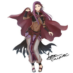 Rule 34 | 1girl, alternate costume, artist name, bodystocking, breasts, cape, circlet, cm lynarc, cosplay, covered navel, deen (fire emblem gaiden), earrings, fire emblem, fire emblem echoes: shadows of valentia, fire emblem heroes, jewelry, large breasts, long hair, looking at viewer, nintendo, pants, purple eyes, purple hair, revealing clothes, sandals, signature, simple background, skin tight, smile, solo, sonya (fire emblem gaiden), tiara, underboob, white background