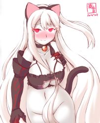 Rule 34 | 10s, 1girl, 2016, abyssal ship, aircraft carrier princess, anal tail, animal ears, artist name, bare shoulders, bell, black bra, blush, bra, breasts, cat cutout, cat ears, cat lingerie, cat tail, choker, cleavage, cleavage cutout, clothing cutout, collar, collarbone, colored skin, dated, fake animal ears, fake tail, frilled bra, frills, gauntlets, hand on breast, highres, kanon (kurogane knights), kantai collection, large breasts, long hair, looking at viewer, meme attire, navel, neck bell, no panties, one side up, red eyes, simple background, smile, solo, stomach, tail, underwear, underwear only, very long hair, white background, white hair, white skin