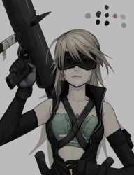 Rule 34 | 1girl, bandages, blonde hair, color guide, elbow gloves, gloves, goggles, grey background, gun, long hair, military operator, mustard seeds, original, rocket launcher, simple background, solo, strap, trigger discipline, upper body, weapon, wristband, yuuji (and)